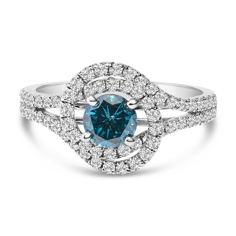14K White Gold 1-1/3 Cttw White & Blue Diamond Interweaving Double Halo Cocktail Statement Ring (G-H and Fancy Blue Color, SI2-I1 Clarity) 14K white gold ring with woven double halo of white and blue diamond stones
