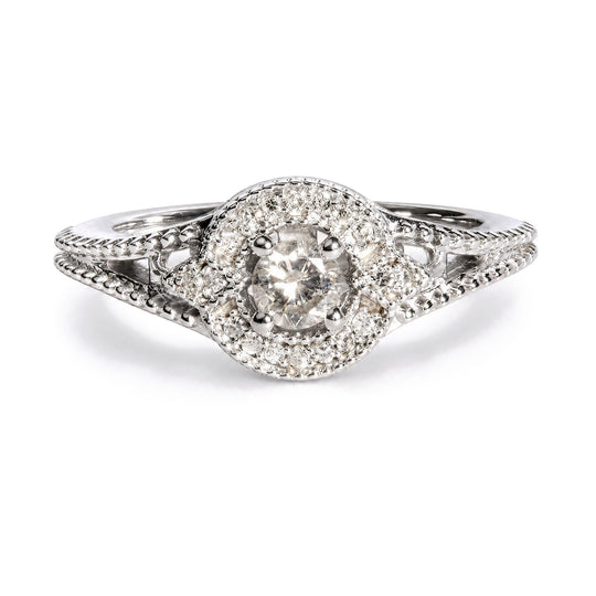 14K White Gold 1/3 Cttw Diamond Halo Beaded Engagement Ring