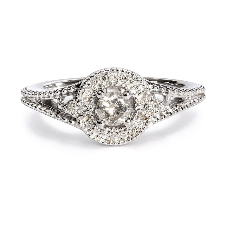 14K White Gold 1/3 Cttw Diamond Halo Beaded Engagement Ring