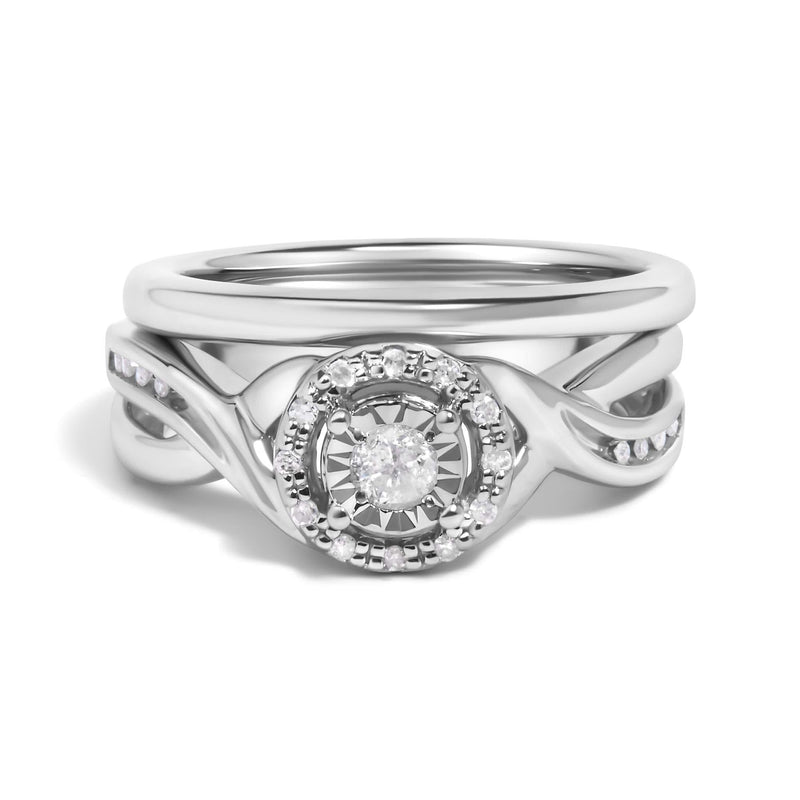 .925 Sterling Silver 1/7 Cttw Diamond Halo Bypass Engagement Ring and Wedding Band Set (I-J Color, I3 Clarity) 925 sterling silver diamond halo bypass engagement ring and wedding band set