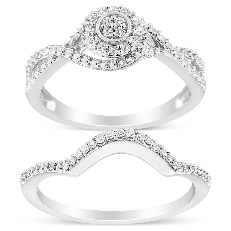 .925 Sterling Silver 1/6 Cttw Diamond Composite Halo and Split Shank Bridal Set Ring and Band (I-J Color, I3 Clarity) 925 sterling silver halo bridal set ring with round diamond stones
