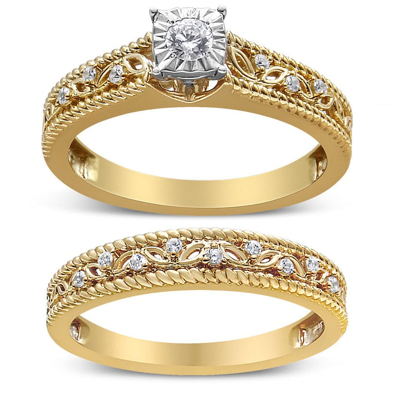 14K Yellow Gold Plated .925 Sterling Silver 1/5 Cttw Diamond Art Deco Style Engagement Ring Bridal Set (I-J Color, I3 Clarity) 14K yellow gold ring with round diamond stones in Art Deco bridal set