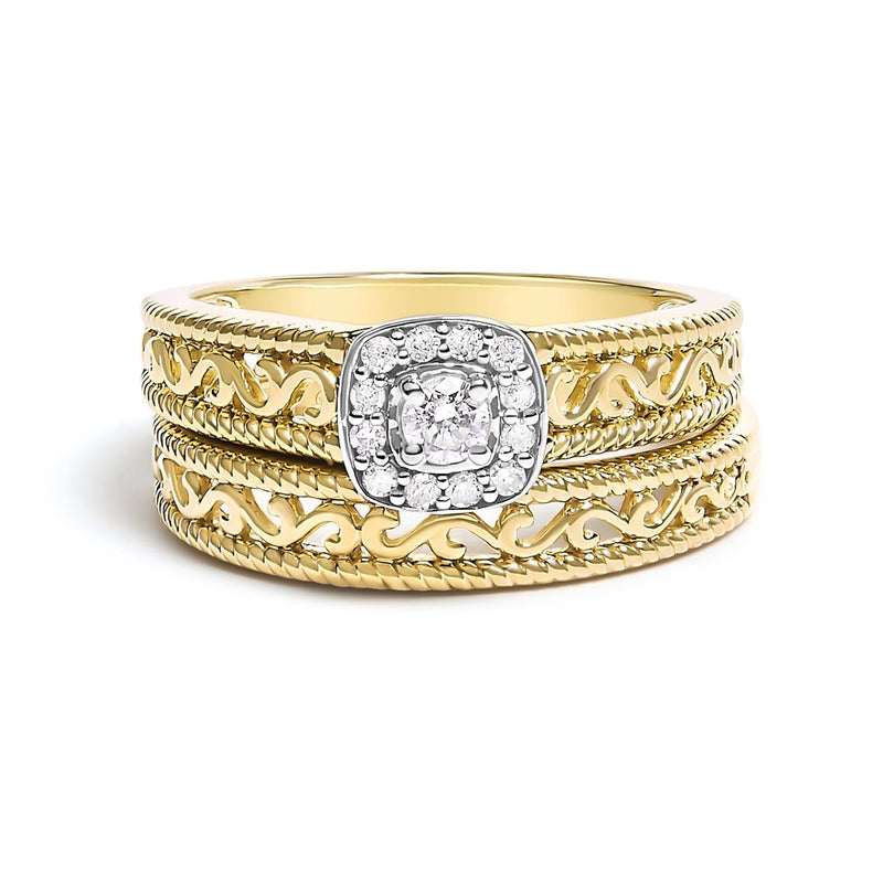 14K Yellow Gold Plated .925 Sterling Silver 1/5 Cttw Diamond Halo and Milgrain Finish Engagement Ring Bridal Set (I-J Color I3 Clarity) 14K yellow gold ring with halo of round diamond stones and milgrain band