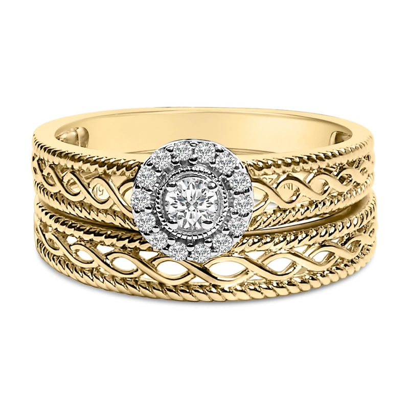 14K Yellow Gold Plated .925 Sterling Silver 1/5 Cttw Diamond Halo Engagement Ring and Wedding Band Set (I-J Color, I3 Clarity) 14K yellow gold halo ring and band set with round diamond stones