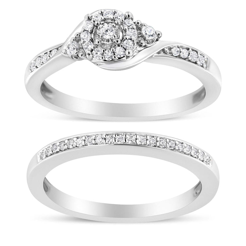 .925 Sterling Silver 1/4 Cttw Diamond Halo and Swirl Engagement Ring and Wedding Band Set (I-J Color, I3 Clarity) 925 sterling silver halo ring and band set with round diamond stones
