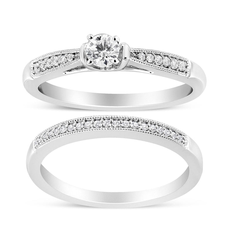 .925 Sterling Silver 1/3 Cttw Diamond Classic Engagement Ring Bridal Set with Milgrain (I-J Color, I3 Clarity) 925 sterling silver diamond bridal ring set with milgrain edge detail