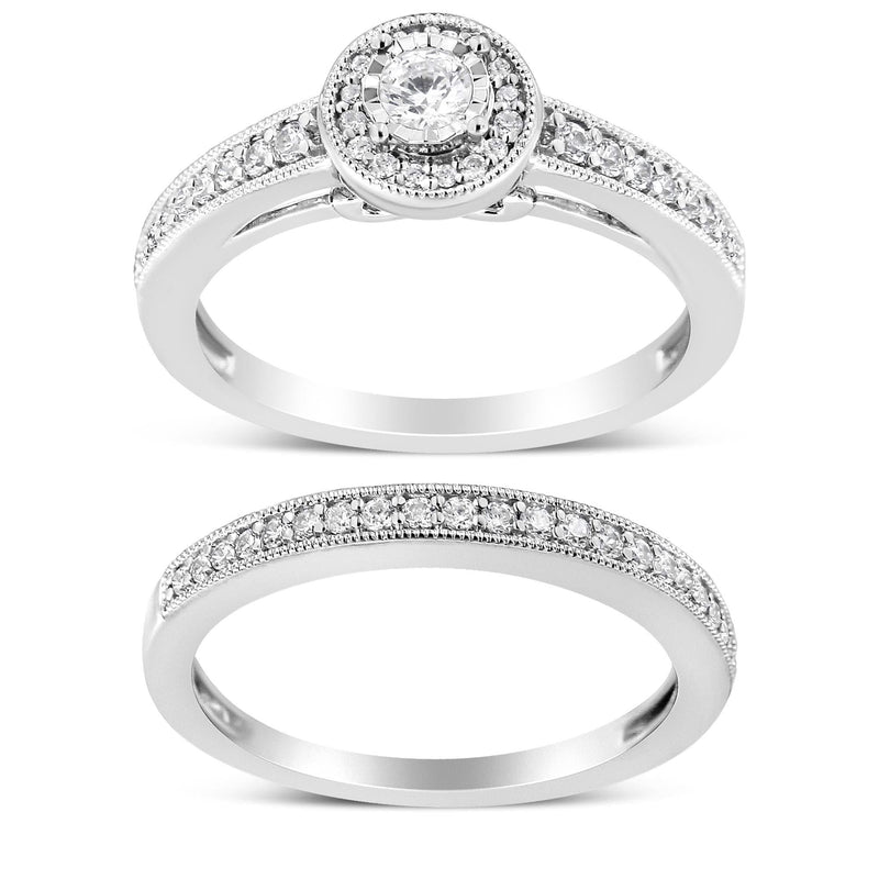 .925 Sterling Silver 1/2 Ctw Diamond Halo and Milgrain Engagement Ring Bridal Set (I-J Color, I3 Clarity) 925 sterling silver halo ring with round diamond stones and milgrain detail