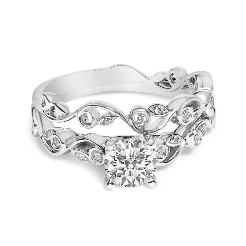 14K White Gold Lab Grown Diamond 1.0 Cttw Vintage Style Engagement Ring and Band Set 14K white gold ring set with multiple round diamond stones in vintage style