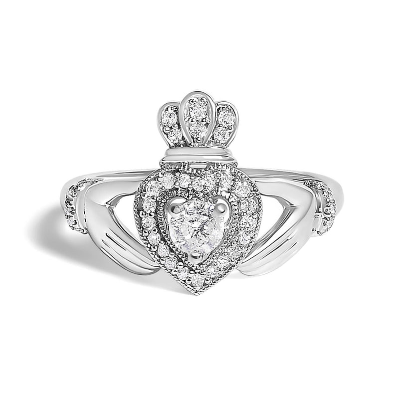 14K White Gold 3/8 Cttw Diamond Claddagh Heart Ring 14K white gold Claddagh ring with heart diamond stones in pave setting