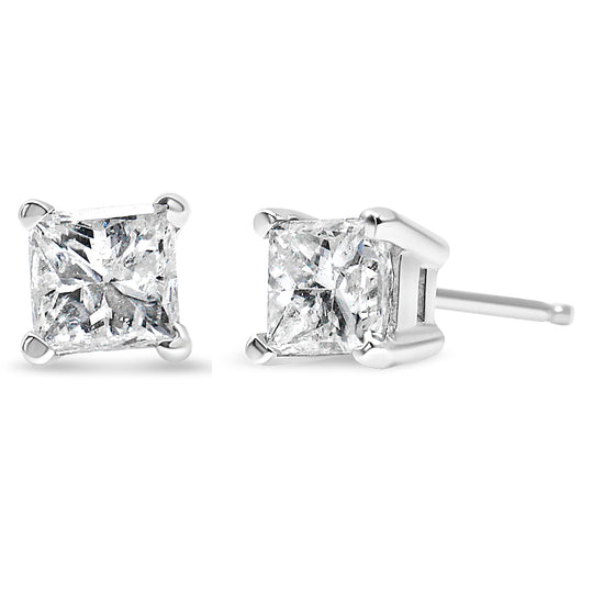 14K yellow gold stud earrings with princess-cut diamond stones in prong setting
