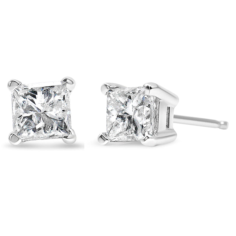 AGS Certified 14k Gold 4-Prong Set Princess-Cut Solitaire Diamond Push Back Stud Earrings (I-J Color, SI2-I1 Clarity) 14K yellow gold stud earrings with princess-cut diamond stones in prong setting