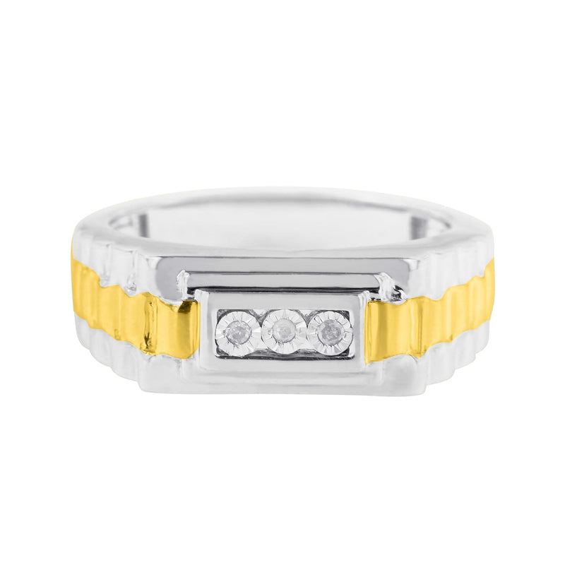 10K Yellow Gold Plated .925 Sterling Silver Diamond Accent Miracle-Set 3 Stone Ridged Band Gentlemen's Fashion Ring (I-J Color, I2-I3 Clarity) 10K yellow gold ring with 3 miracle-set diamond stones on ridged band