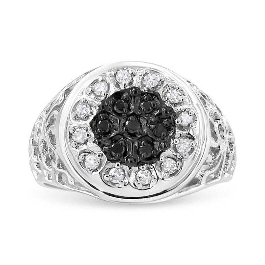 925 sterling silver ring with white and black diamond halo cluster