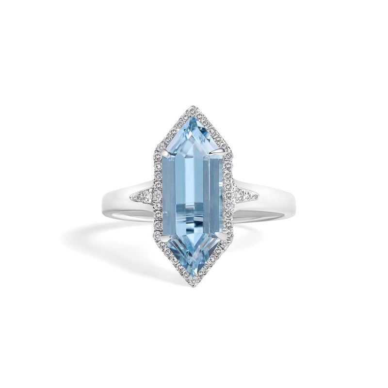 10K White Gold Blue Topaz Hexagon and 1/5 Cttw Diamond Halo Ring