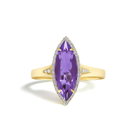 10K Yellow Gold Marquise Amethyst and 1/6 Cttw Diamond Halo Ring