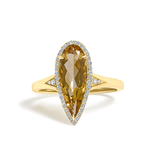 10K Yellow Gold Pear Citrine and 1/6 Cttw Diamond Geometric Cocktail Ring