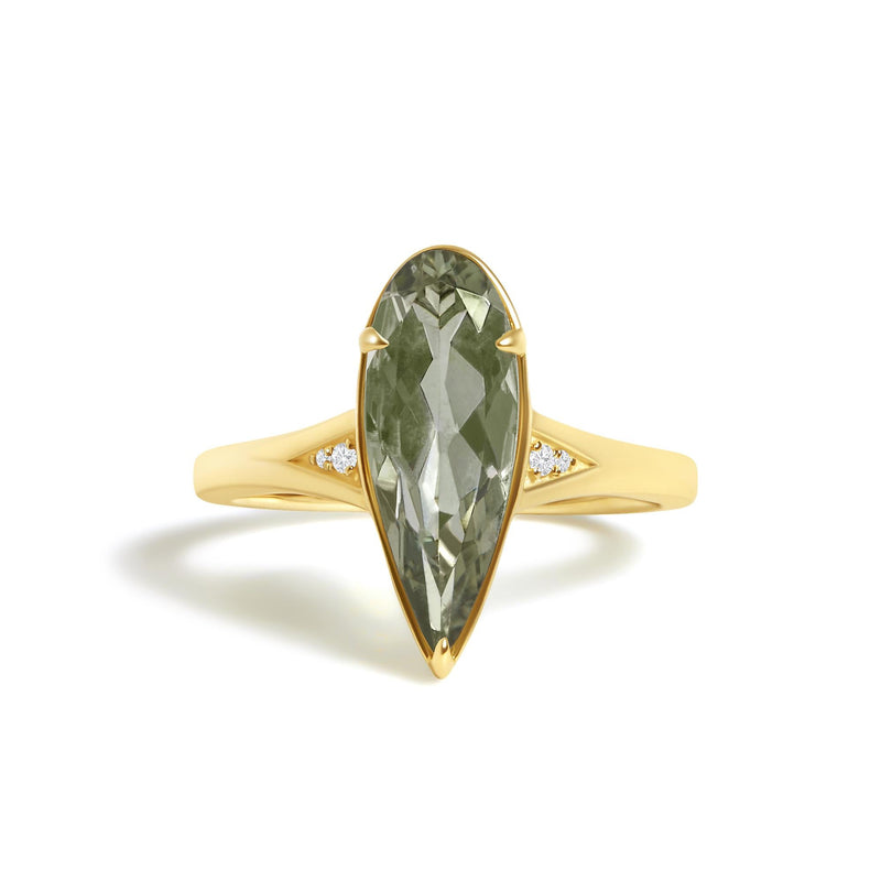 10K Yellow Gold Pear Green Amethyst and Diamond Accent Cocktail Ring