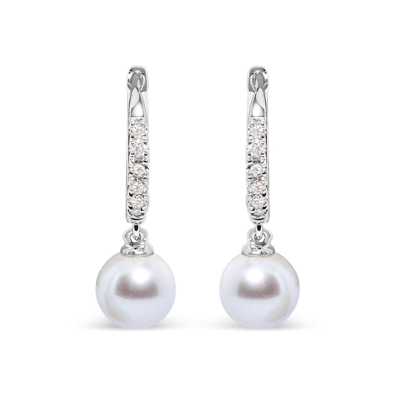 10K White Gold 6x6 MM Cultured Freshwater Pearl and Diamond Accent Drop Huggy Earring (H-I Color, I1-I2 Clarity) 10K white gold drop earring with pearl and 1 pear diamond stone