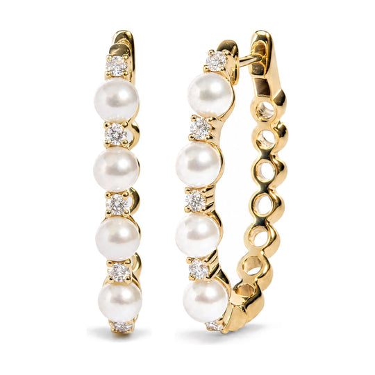 14K Yellow Gold 4mm Cultured South Sea Pearl and 1/4 Cttw Diamond Alternating Hoop Earrings