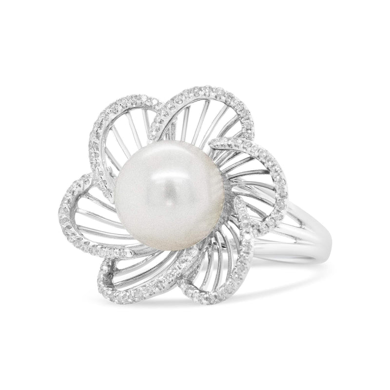 14K White Gold 11mm Round Pearl and 1/3 Cttw Round Diamond Openwork Flower Blossom Ring (H-I Color, VS1-VS2 Clarity) 14K white gold flower blossom ring with round diamond stones and center pearl