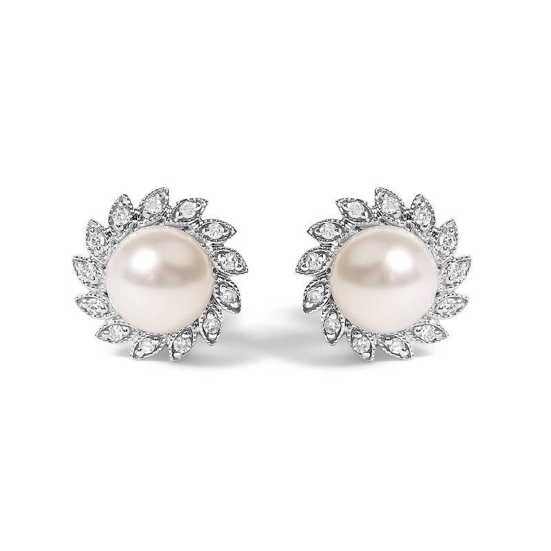 10K White Gold Heirloom-Style Pearl and Diamond Accent Halo Stud Earrings (I-J color, I1-I2 Clarity) 10K white gold ring with pear diamond halo and center pearl