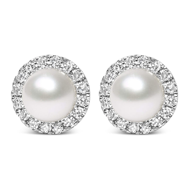 10K White Gold 4.5mm Cultured Freshwater Pearl and 1/7 Cttw Diamond Halo Stud Earring (I-J Color, I1-I2 Clarity) 10K white gold stud earrings with pear diamond halo around freshwater pearl