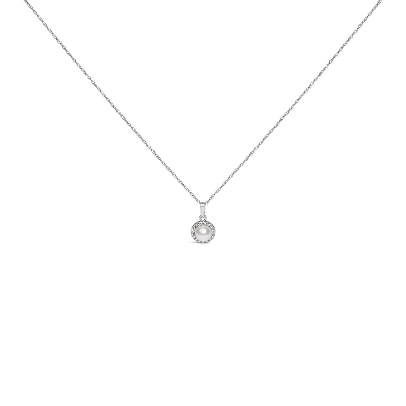10K White Gold 5MM Cultured Pearl and Diamond Accent Halo Pendant Necklace 10K white gold pendant necklace with cultured pearl and pear diamond halo