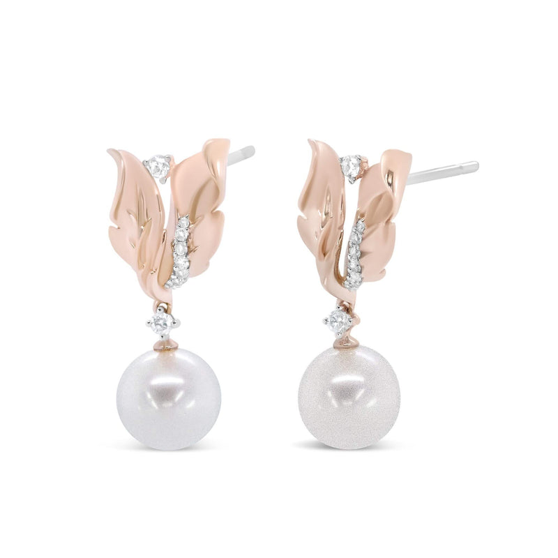 14K Rose Gold 1/6 Cttw Round Diamond and 8mm Round Pearl Floral Drop Stud Earrings (H-I Color, I1-I2 Clarity) 14K rose gold earrings with round diamonds and 8mm round pearl stones
