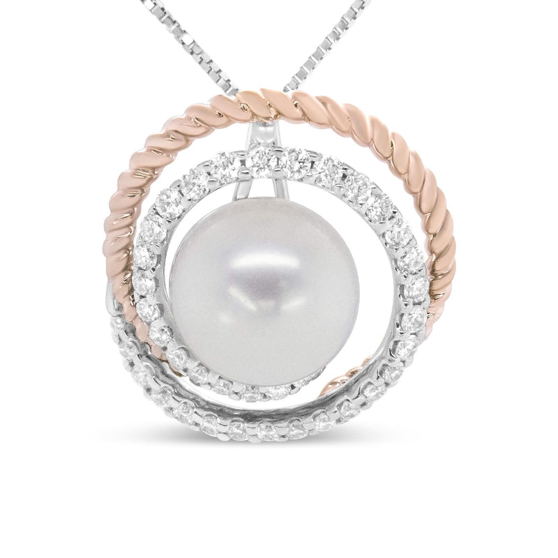 14K Rose and White Gold 3/8 Cttw Pave Diamond and 9mm Round Pearl Spiral Openwork 18 14K white gold necklace with round diamond pave and 9mm round pearl