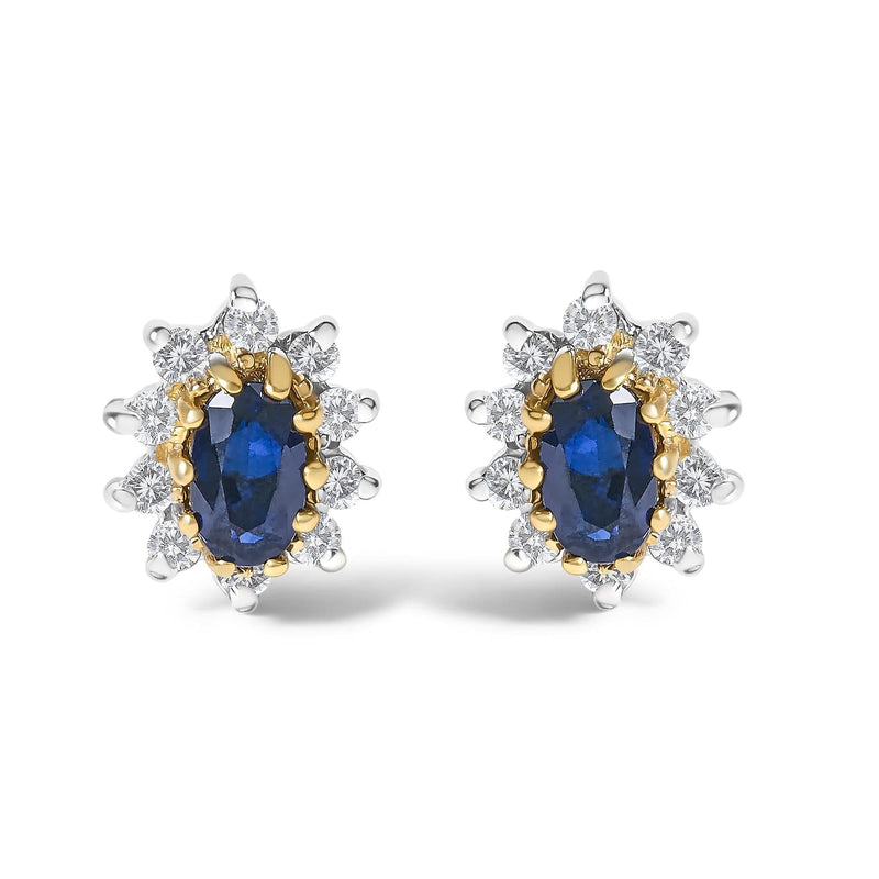 14K Yellow Gold 1/4 Cttw Diamond and Blue Sapphire Sunburst Halo Stud Earrings (K-L Color, I1-I2 Clarity) 14K yellow gold earrings with round diamond and blue sapphire halo stones