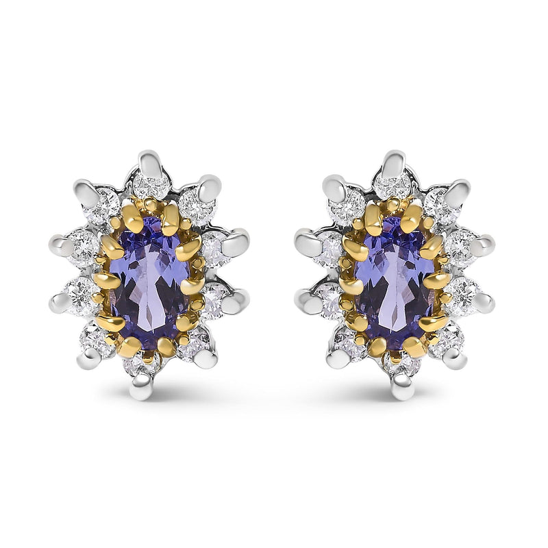 14K Yellow Gold 1/4 Cttw Diamond and Blue Purple Tanzanite Sunburst Halo Stud Earrings (K-L Color, I1-I2 Clarity) 14K yellow gold ring with round diamond stones in a sunburst halo setting