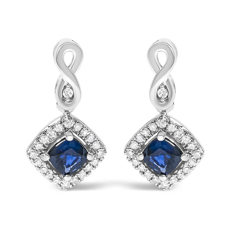 10K White Gold Blue Sapphire and Diamond Halo Cushion Shaped Drop Earrings (I-J Color, I1-I2 Clarity) 10K white gold drop earrings with cushion diamond and halo stones