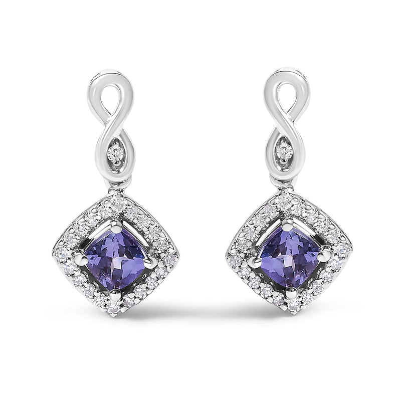 10K White Gold Blue Purple Tanzanite and Diamond Halo Cushion Shaped Drop Earrings (I-J Color, I1-I2 Clarity) 10K white gold drop earrings with cushion tanzanite and halo diamond stones