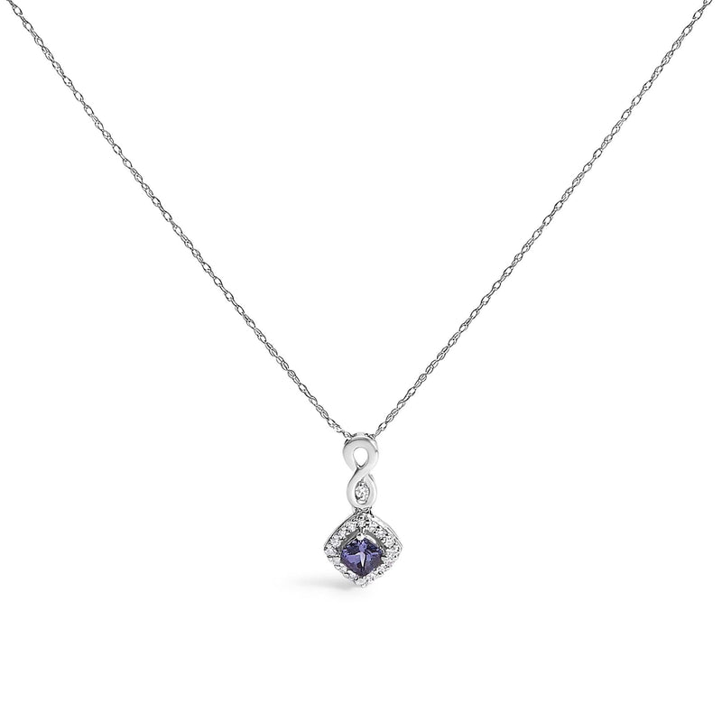 10K White Gold Blue Purple Tanzanite and Diamond Accent Cushion Drop Pendant Necklace - 18 10K white gold necklace with cushion tanzanite and diamond accent stones