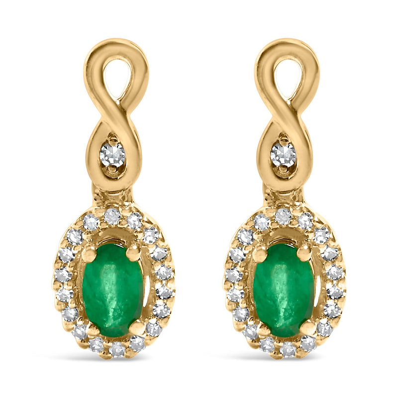 10K Yellow Gold Oval Cut Green Emerald 5x3 mm and 1/7 Cttw Round Diamond Dangle Earrings 10K yellow gold ring with round diamond and oval green emerald stones