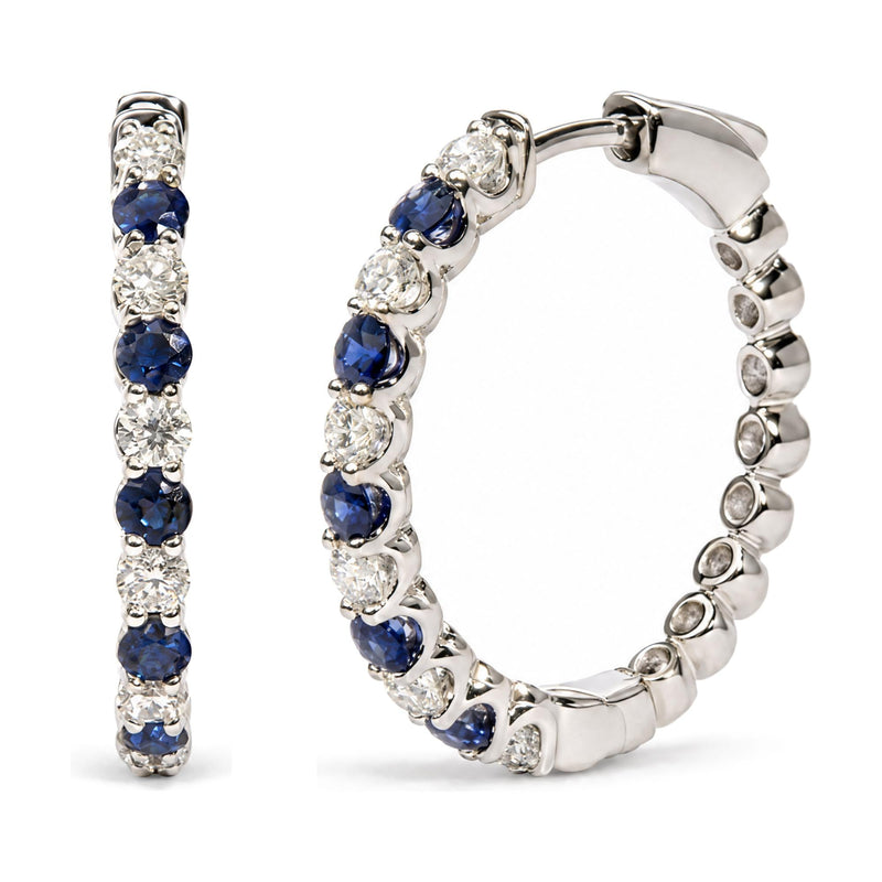 14K White Gold 5/6 Cttw Diamond and Round Blue Sapphire Alternating Hoop Earrings