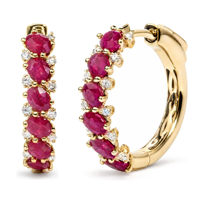 14K Yellow Gold 1/4 Cttw Diamond and Oval Ruby Alternating Hoop Earrings