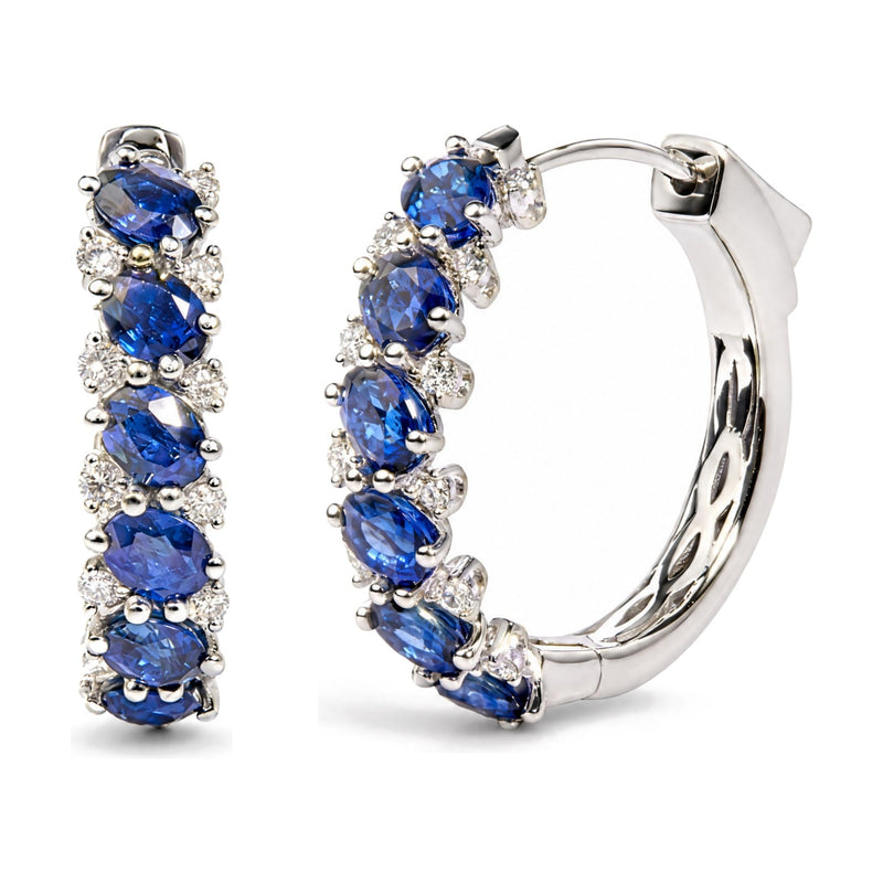 14K White Gold 1/4 Cttw Diamond and Oval Blue Sapphire Alternating Hoop Earrings