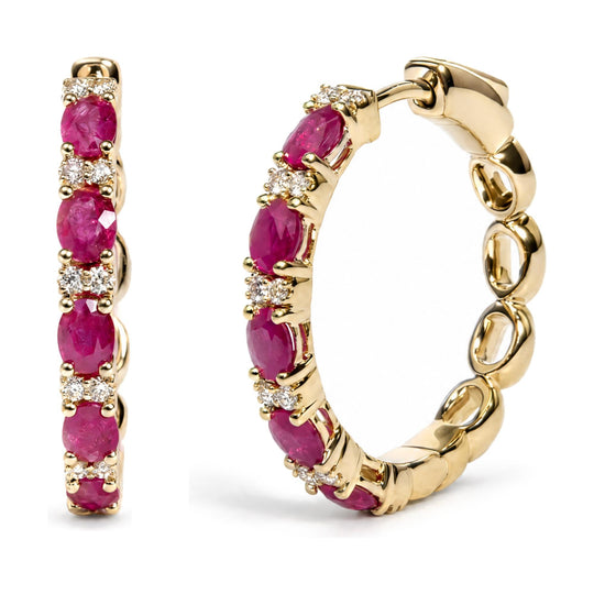 14K Yellow Gold 1/4 Cttw Diamond and Oval Ruby Alternating Hoop Earrings