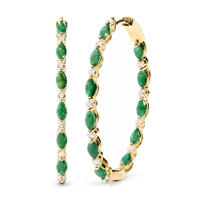 14K Yellow Gold 3/8 Cttw Diamond and Marquise Emerald Alternating Inside-Out Hoop Earrings