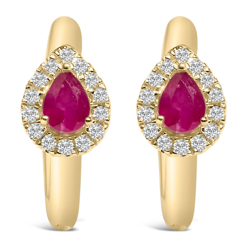 10K Yellow Gold Pear Cut Red Ruby 4x3 mm and 1/10 Cttw Round Diamond Huggy Earrings (I-J Color, I1-I2 Clarity) 10K yellow gold huggie earrings with pear ruby and round diamond stones