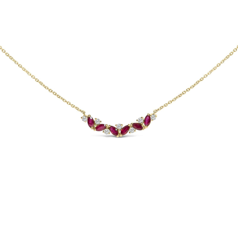 14K Yellow Gold Red Ruby and Diamond Trio Bar Line Necklace (I-J Color, SI2-I1 Clarity) - 18 inch 14K yellow gold necklace with three ruby and diamond stones on a bar