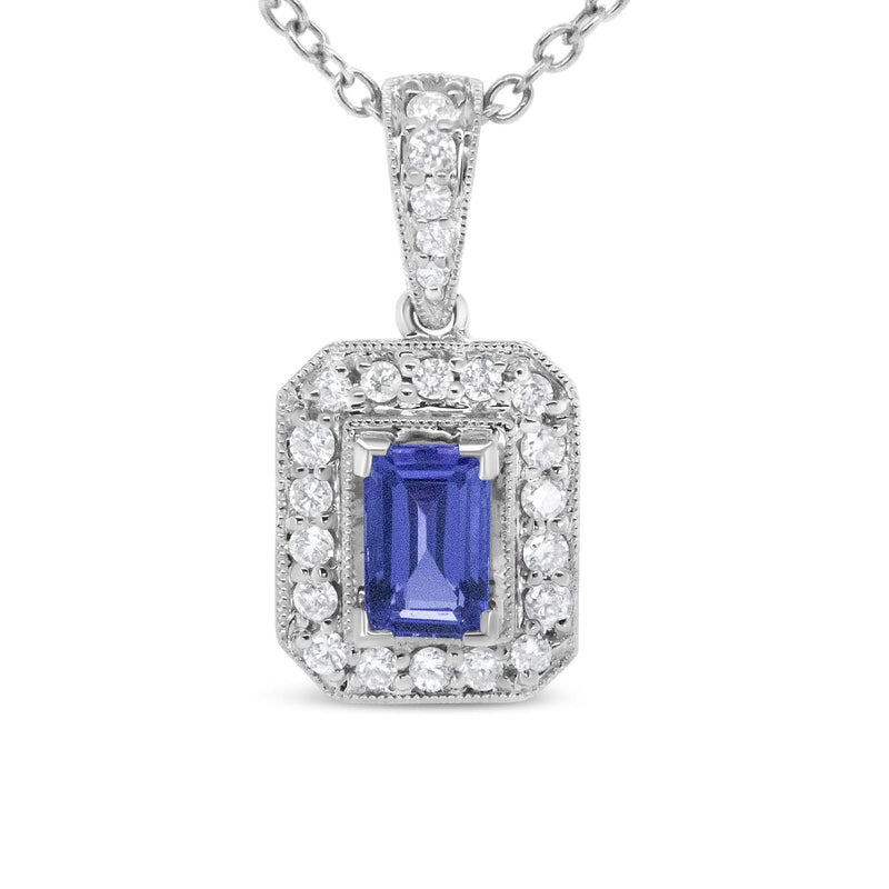 18K White Gold 1/4 Cttw Round Diamond and 6x4mm Purple Tanzanite Halo 18 18K white gold necklace with round diamond and purple tanzanite halo pendant