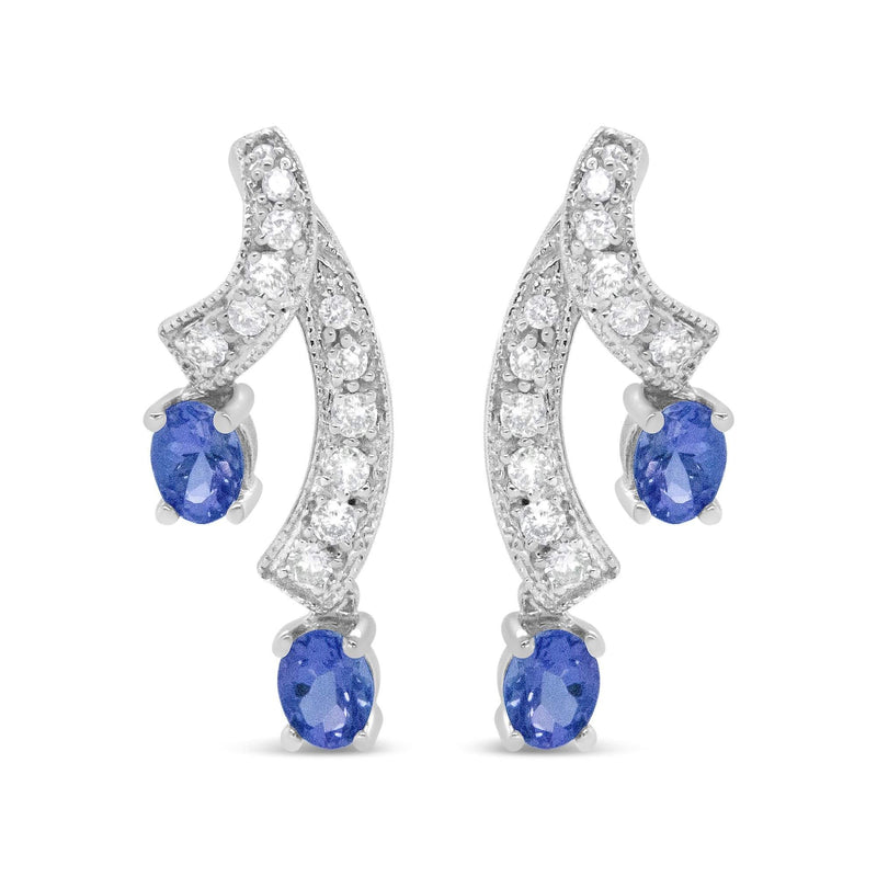 14K White Gold 4x3MM Oval Shaped Natural Blue Tanzanite Gemstone and 1/5 Cttw Diamond Double 3/4 14K white gold drop earrings with oval tanzanite and diamond stones