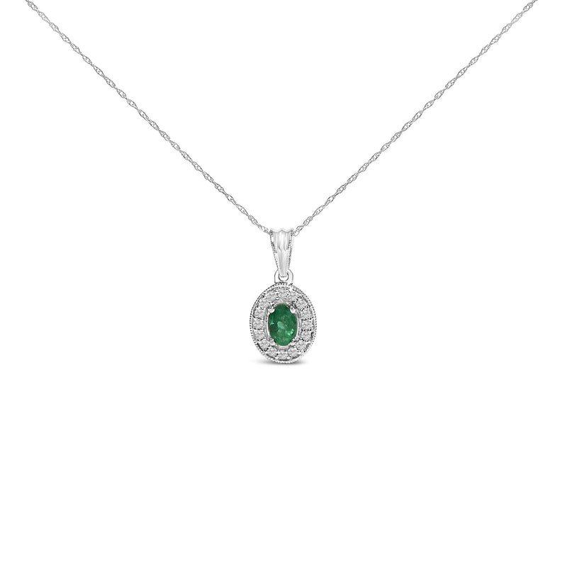 14K White Gold Oval 6x4 MM Green Emerald and Diamond Halo Pendant Necklace - 18 inch 14K white gold necklace with oval green emerald and diamond halo pendant