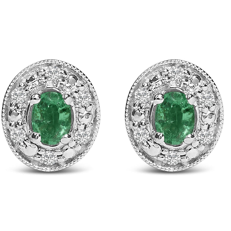 14K White Gold Oval Green Emerald and 1/10 Cttw Diamond Halo Stud Earrings (I-J Color, I1-I2 Clarity) 14K white gold stud earrings with oval green emerald and round diamond halo