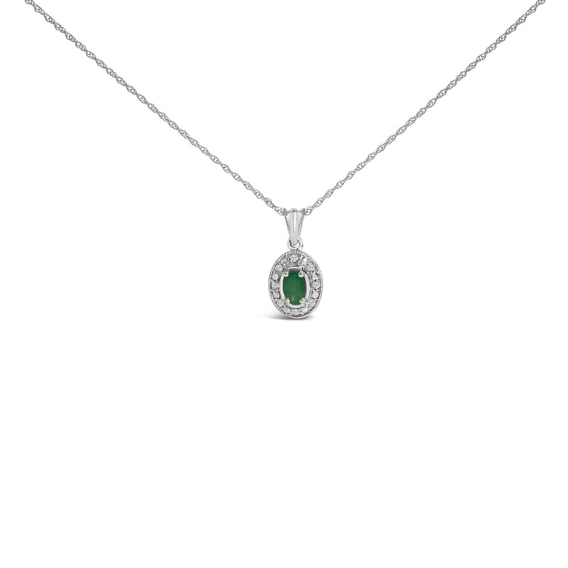 14K White Gold Oval Green Emerald and Diamond Halo Pendant Necklace - 18 14K white gold necklace with oval emerald and diamond halo pendant
