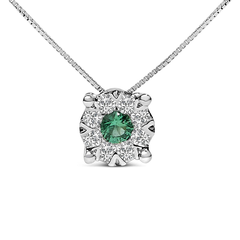 14K White Gold 3.8 MM Green Emerald and 1/3 Cttw Diamond Composite Halo 18 14K white gold pendant necklace with round green emerald and diamond halo
