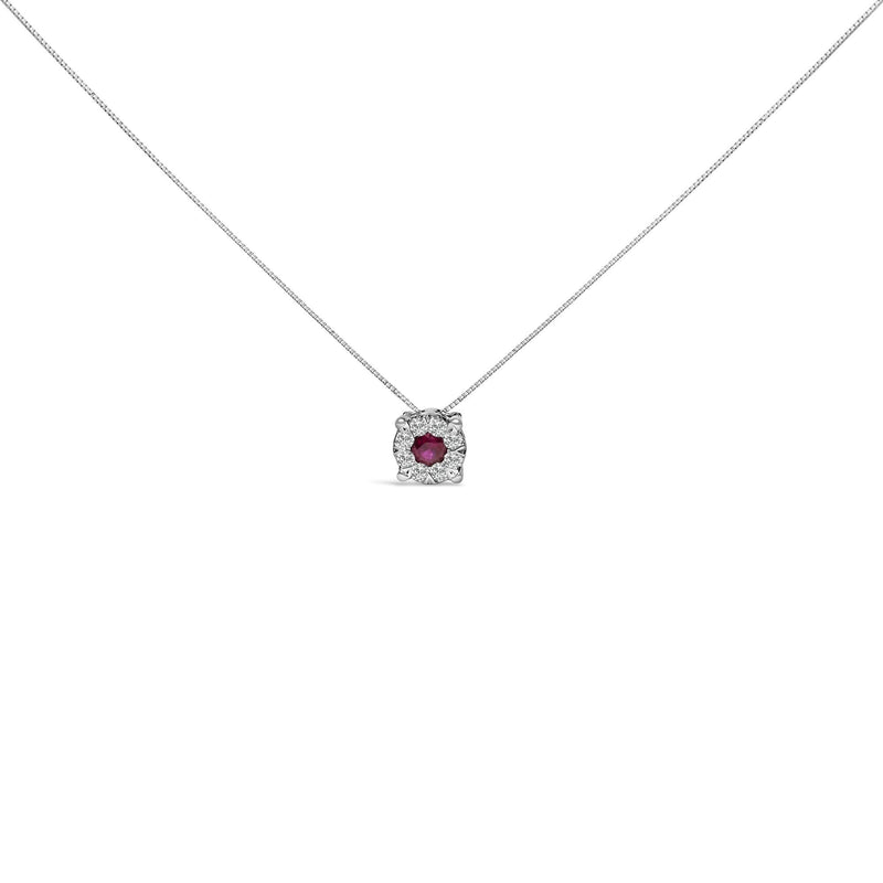 14K White Gold Red Ruby and 1/3 Cttw Diamond Halo Pendant Necklace 14K white gold necklace with red ruby center and round diamond halo stones