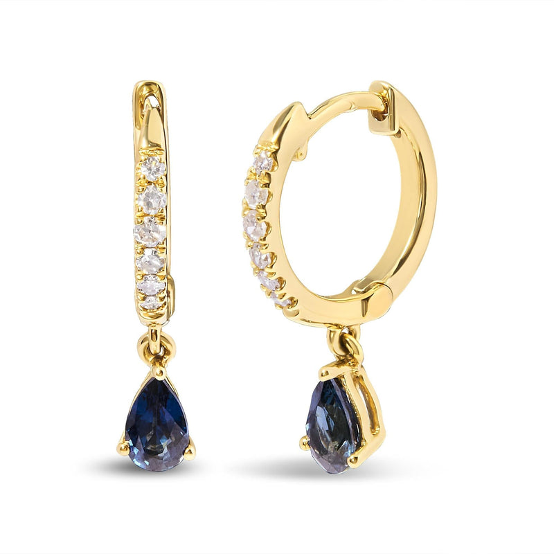 10K Yellow Gold Pear Blue Sapphire and 1/10 Cttw Diamond Drop and Dangle Huggy Hoop Earrings (H-I Color, I1-I2 Clarity) 10K yellow gold huggy hoop earrings with pear blue sapphire and round diamonds